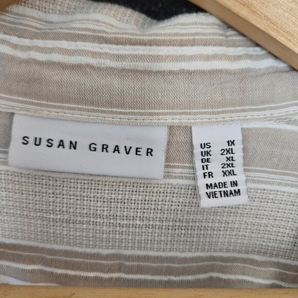 Susan Graver 100% Cotton Tunic Shirt Size 1X White Striped Beige White - Picture 5 of 12